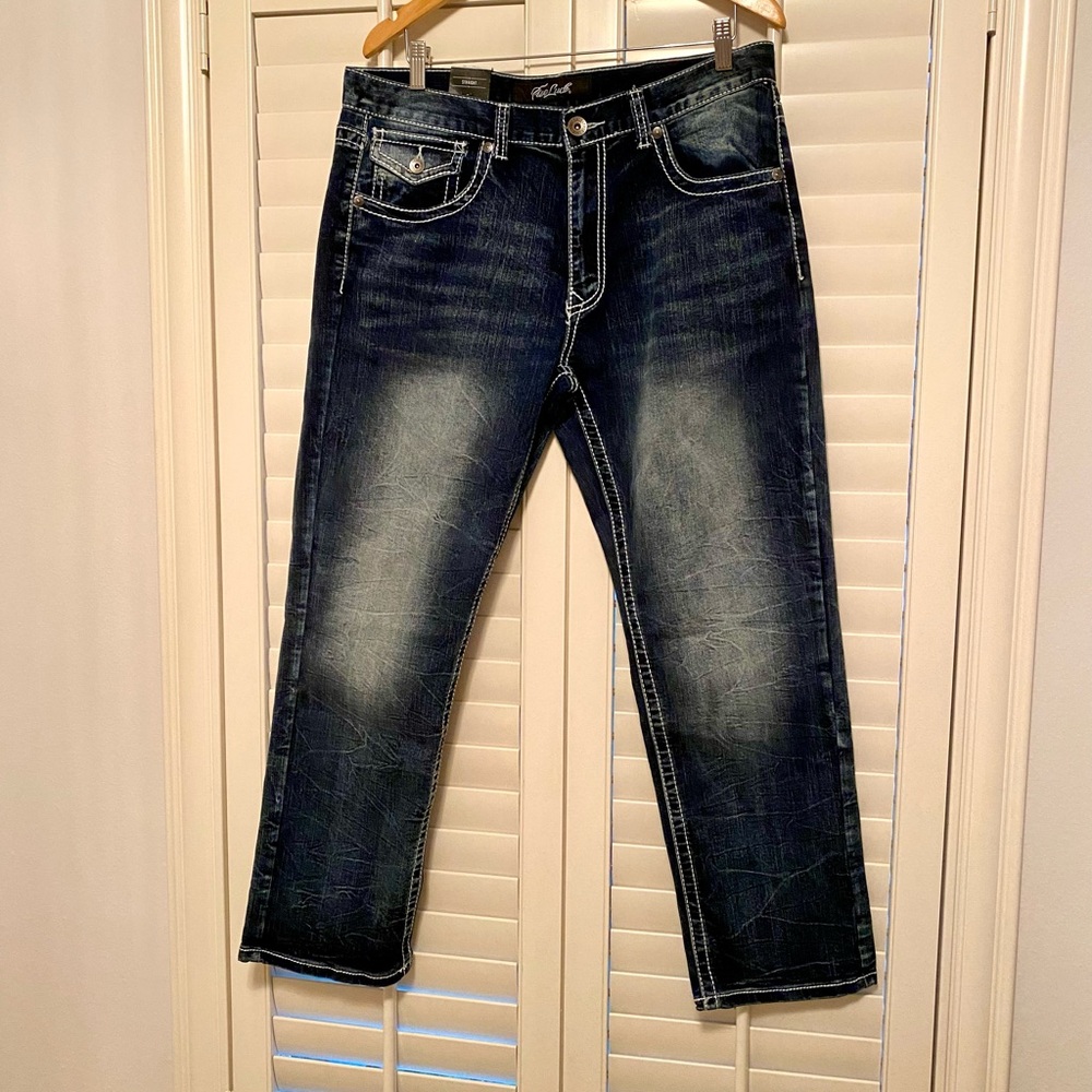 TRUE LUCK MENS SIZE 36X30 Straight Stretch Full Blast Blue Denim Jeans